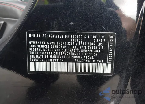 2017 Volkswagen Jetta Gli z USA, uszkodzony, nr VIN 3VW4T7AJ5HM333194